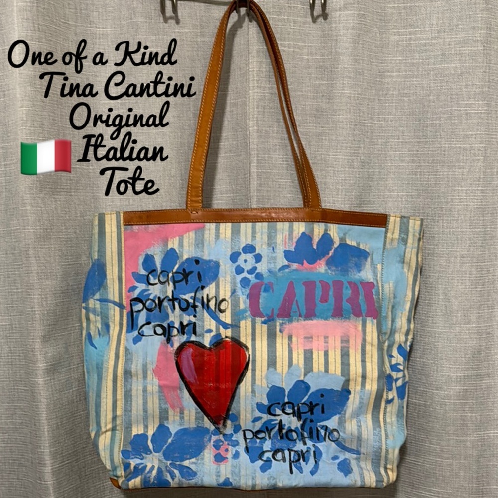 One of a Kind Tina Cantini Tote-Canvas/Leather-Capri/Portofino Themed-Blue
